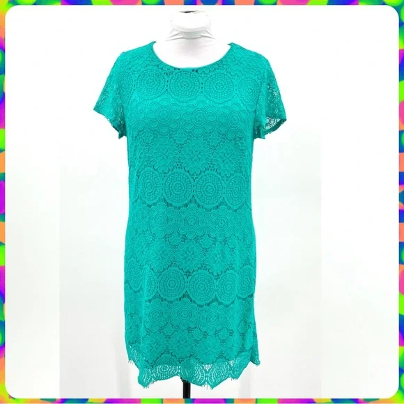 LAUNDRY Spring Green Crochet Lace Floral Medallion Overlay Shift Dress Size 14 - Picture 2 of 13
